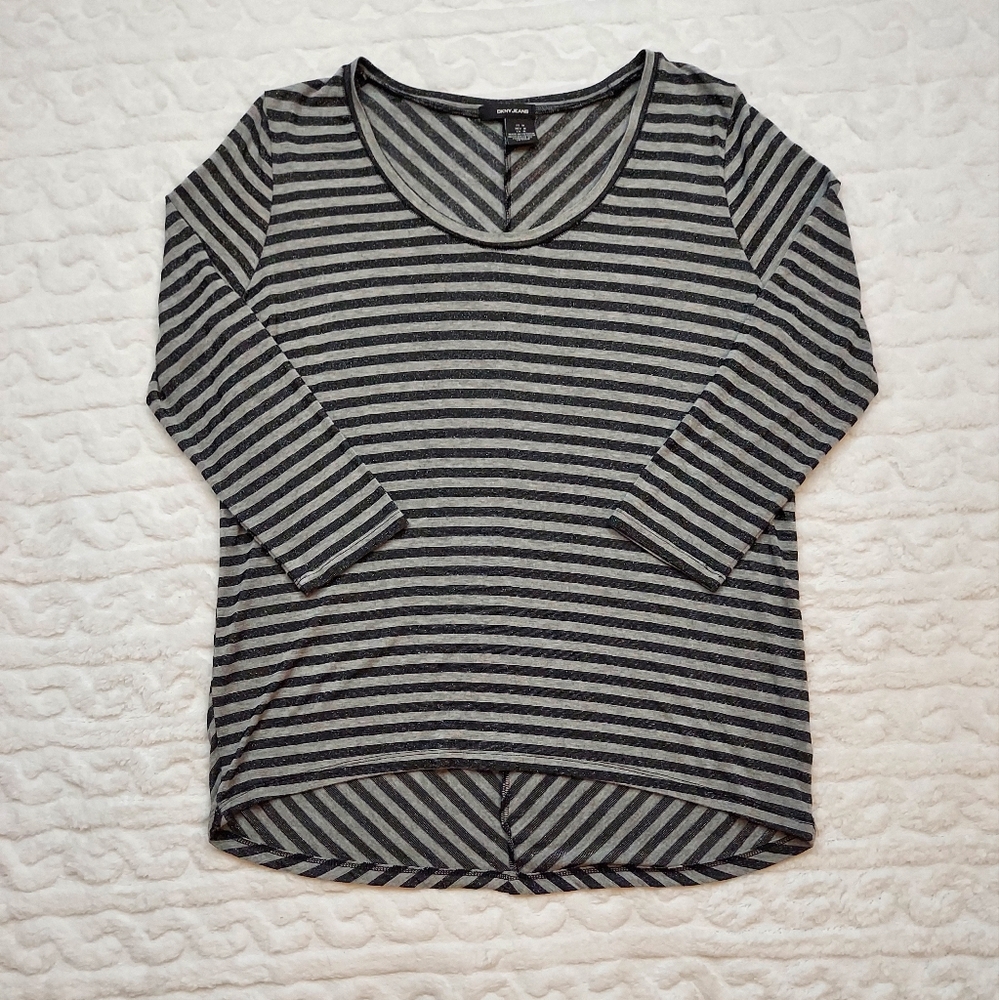 DKNY Jeans Black Gray Shimmer Striped 3/4 Sleeve Top Size M